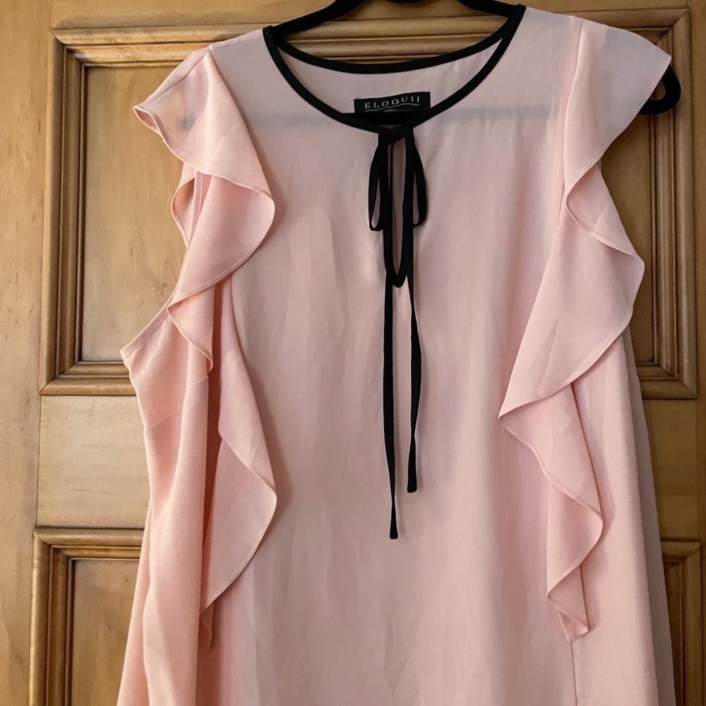 Eloquii Sheer Pink Blouse with Ruffles and trim tie size 14